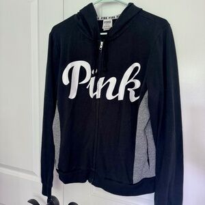 PINK Victorias Secret Full Zip Hoodie Gray Black Pockets Large Cozy